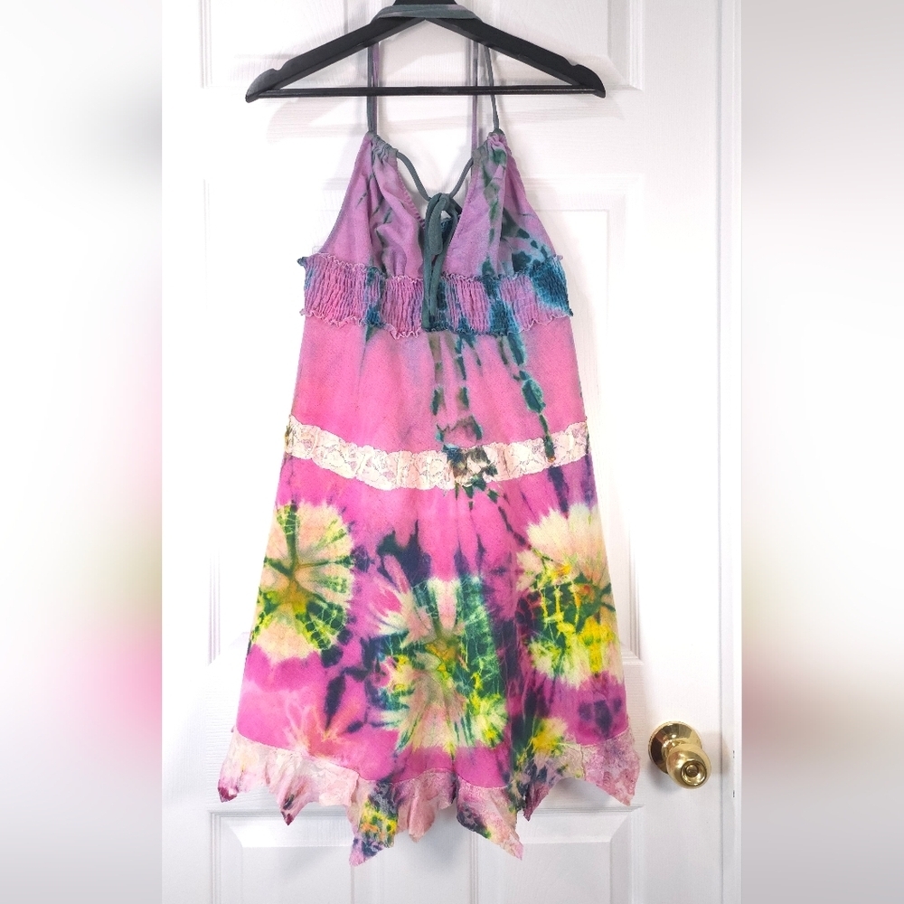 Handmade Tie Dye Midi Dress Cotton Deep V-Neck Size M - L Fairycore - Picture 2 of 8